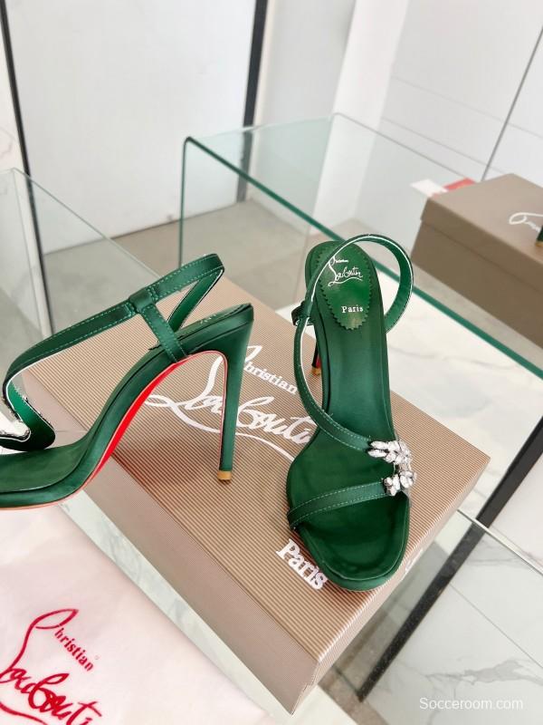 2025 Women Christian Louboutin Green Silk High Heel Crystal Sandal LY00300