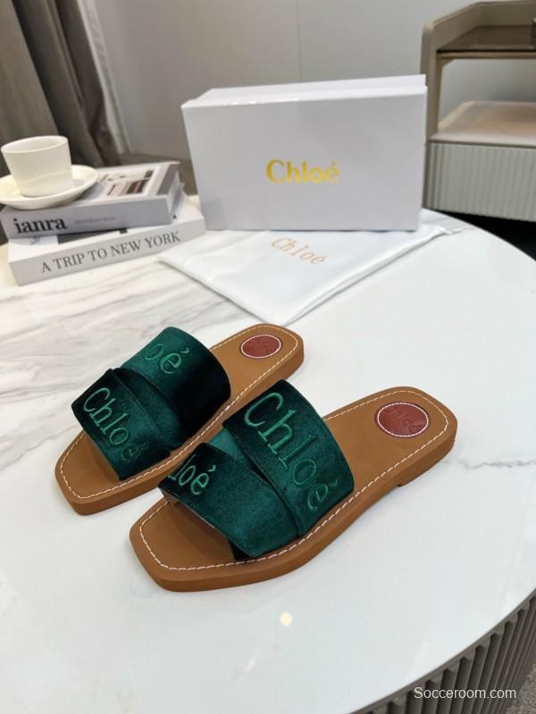2025 Women Chloé Green Velvet Slippers