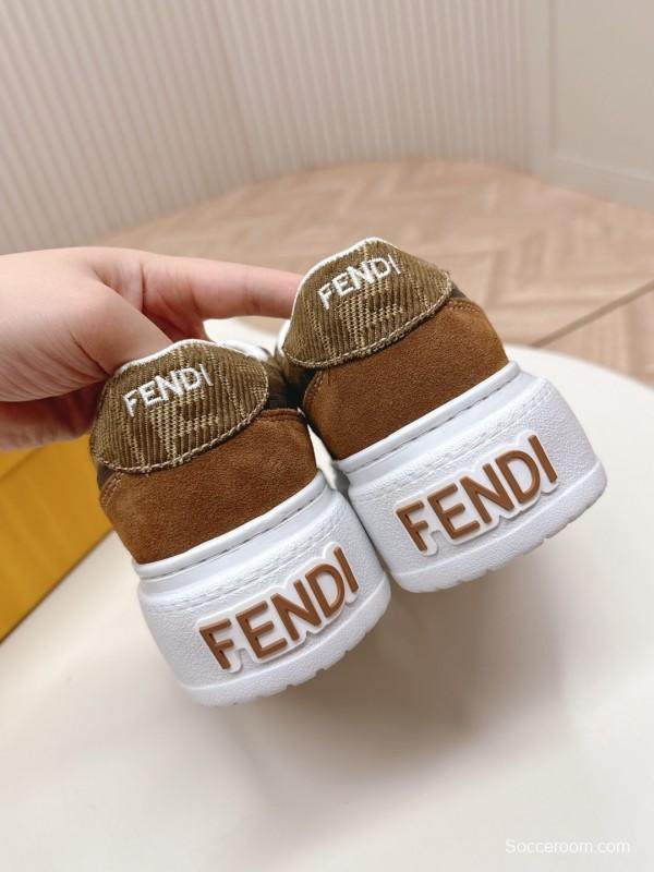 2025 Women Fendi Brown Leather Canvas Sneakers