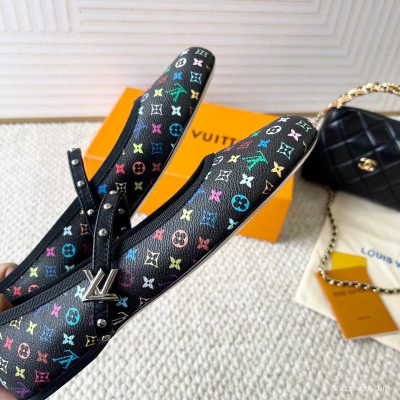2025 Women Louis Vuitton Black Multicolor Leather Ballet Flats KFY00300