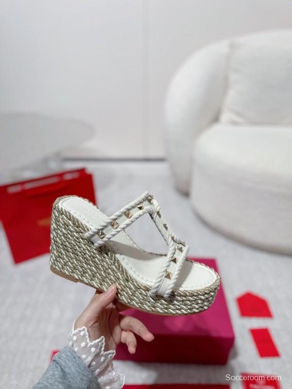 2025 Women Valentino White Leather Wedge Sandals Studs LY00290