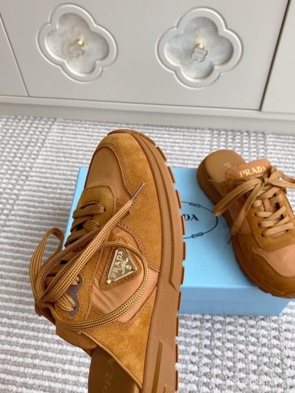 2025 Women Prada Brown Leather Suede Sneakers