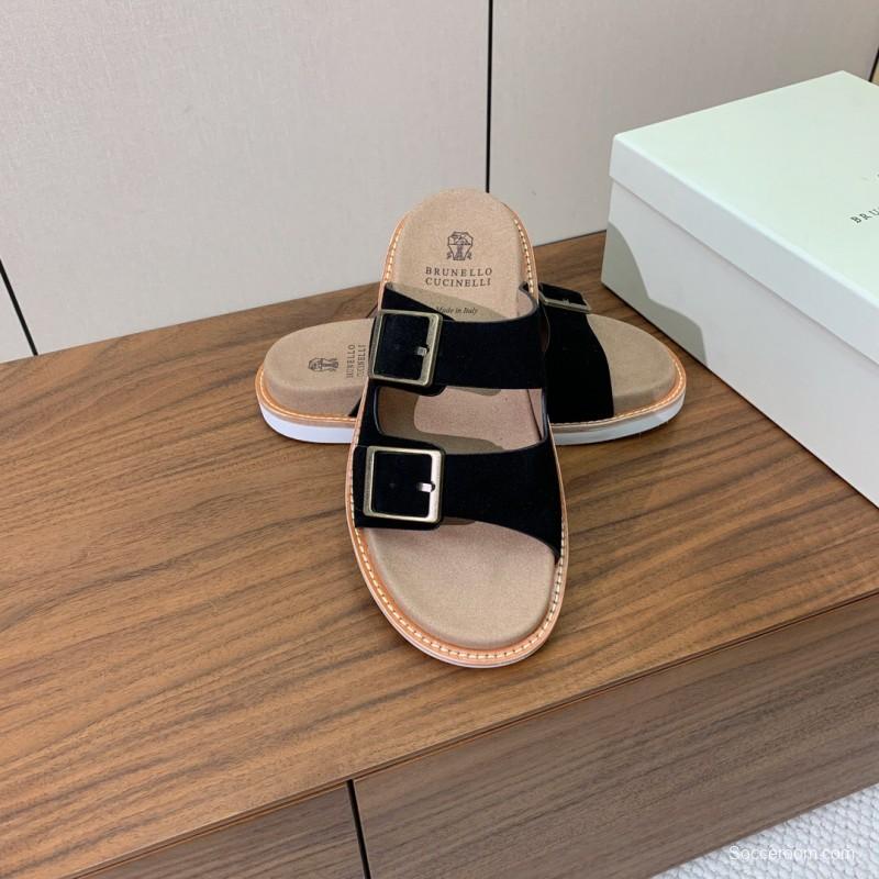 2025 Unisex Brunello Cucinelli Black Suede Leather Slippers KFY00250