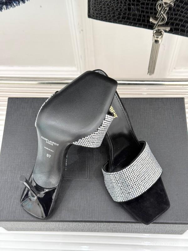 2025 Women Yves Saint Laurent Black Silver Crystal Leather Heeled Slippers LY00300