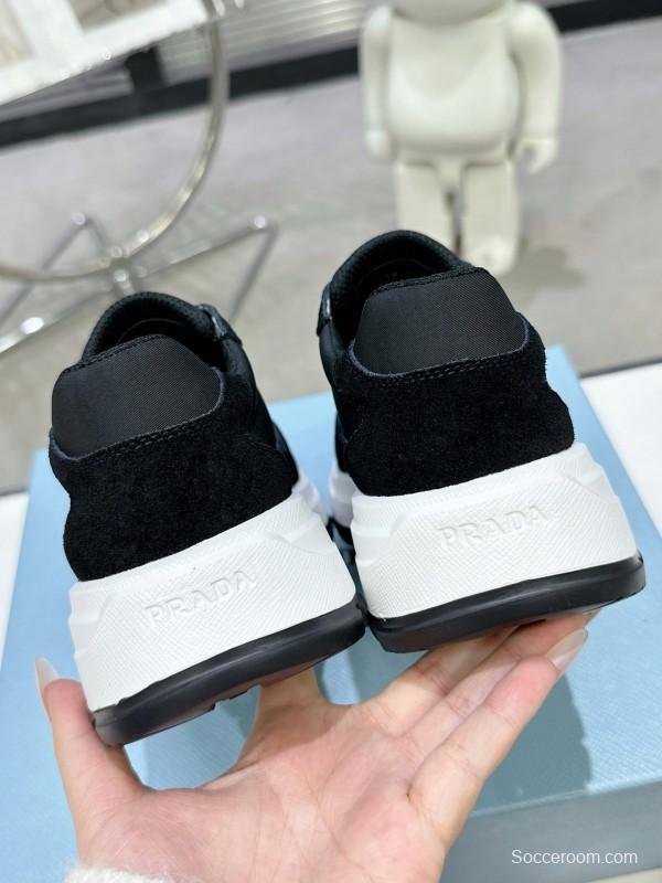 2025 Women Prada Black Leather Mesh Sneakers KFY00310