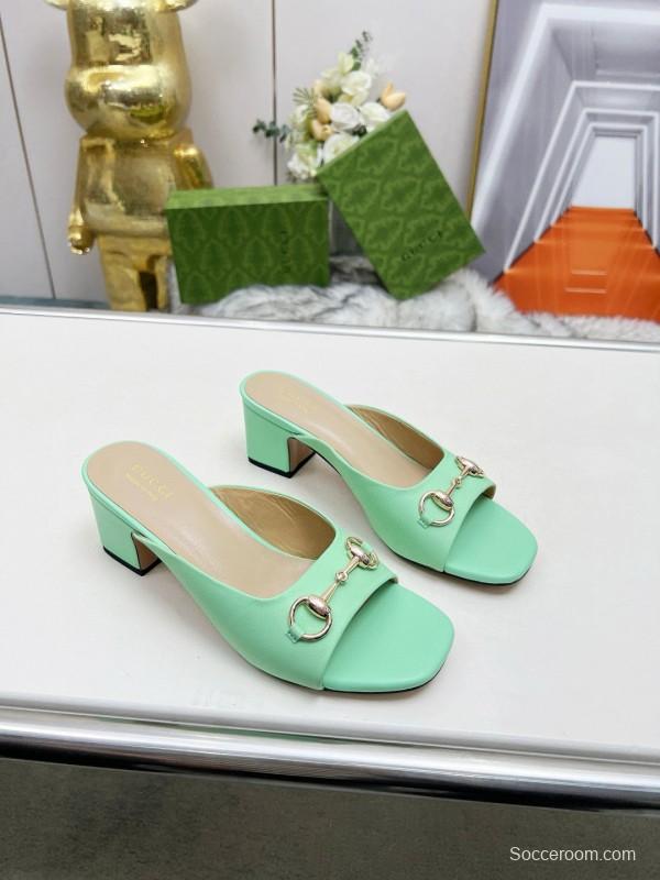 2025 Women Gucci Green Leather Heeled Slippers MJ00180