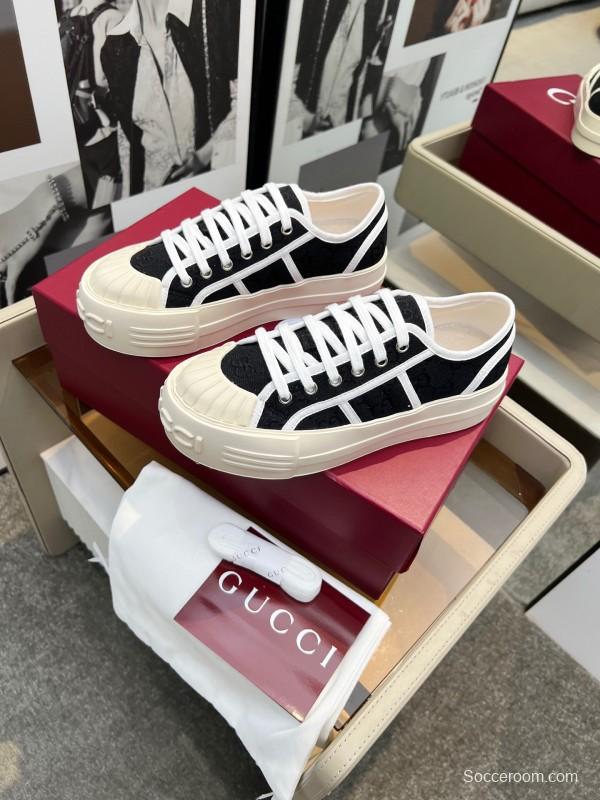 2025 Women Gucci Black White Canvas Platform Sneakers LY00270