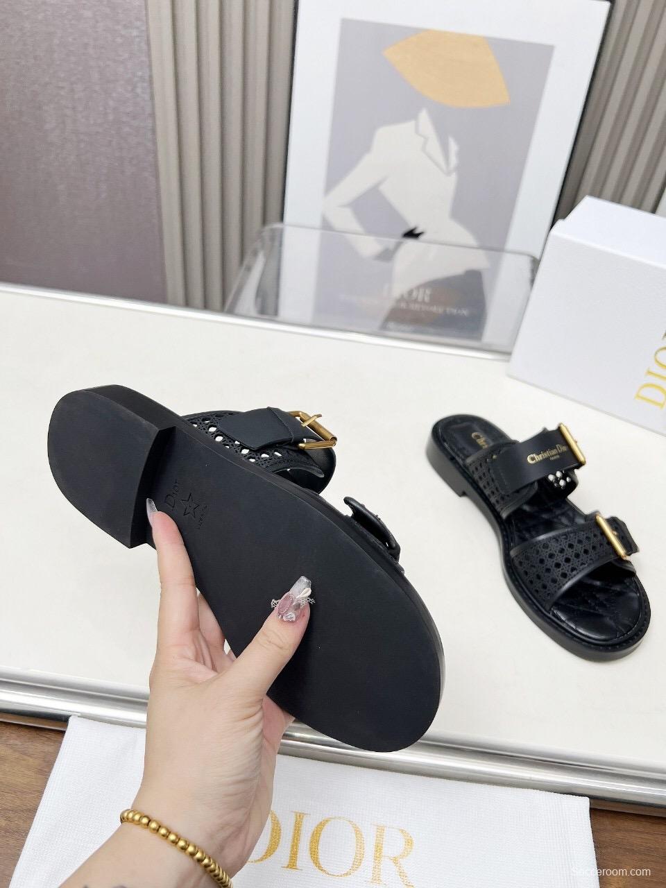 2025 Women Dior Black Leather Slippers