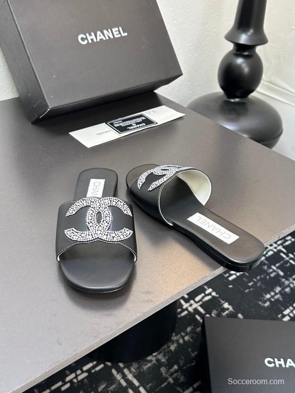 2025 Women Chanel Black Leather Rhinestone Logo Slide Sandals LY00360(F)