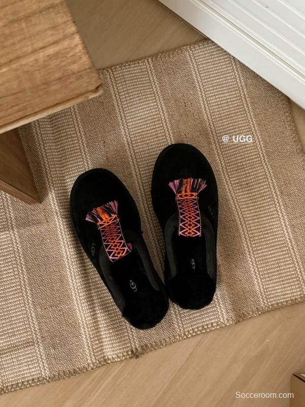 2024 UGG Black Suede Slippers Woven Tassel MJ00230