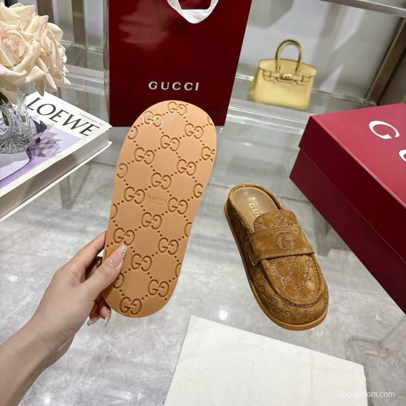 2025 Women Gucci Dark Brown Suede Loafers Embossed GG LY00270