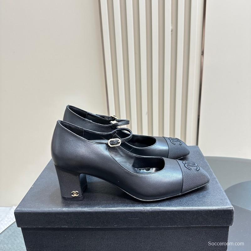 2025 Women Chanel Black Leather Mary Jane Shoes KFY00290