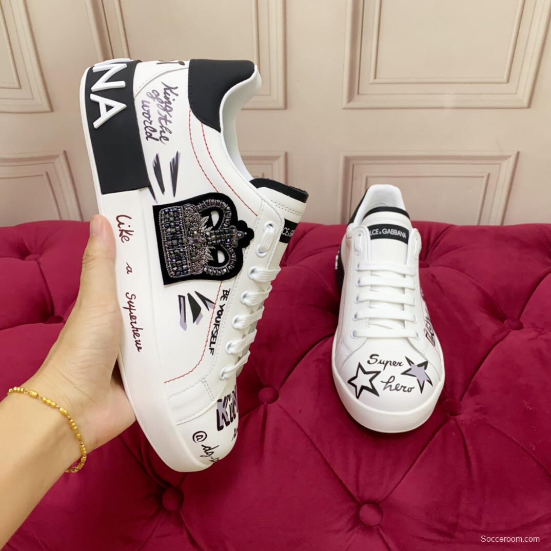 2025 Women Dolce & Gabbana White Black Leather Sneakers LY00340(F)