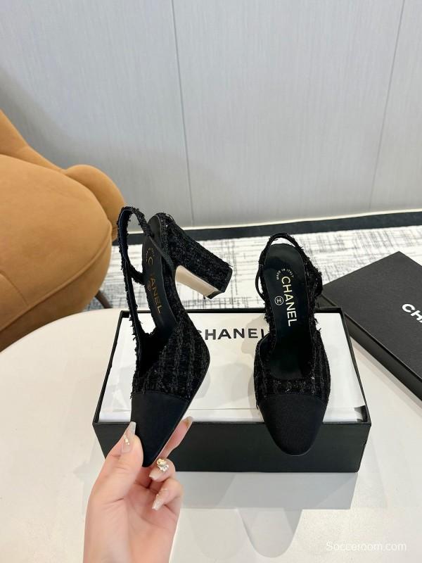 2025 Women Chanel Black Fabric Leather Slingback Heels