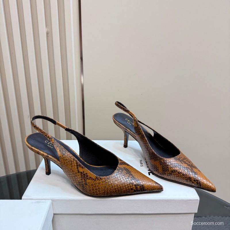 2025 Women Celine Brown Snakeskin Leather Slingback Heels
