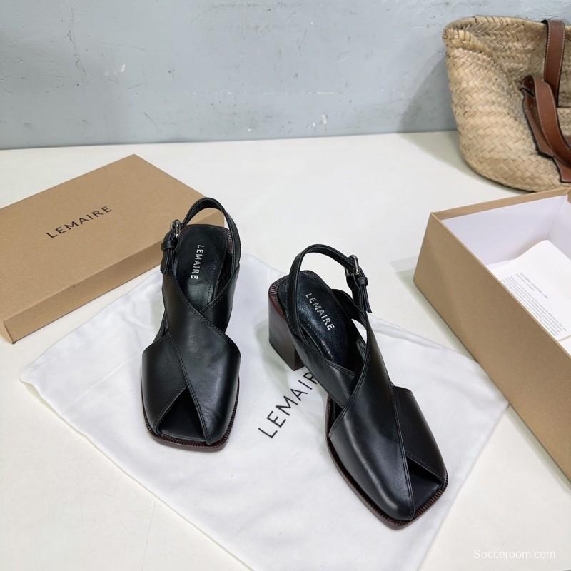 2025 Women Lemaire Black Leather Block Heel Sandals