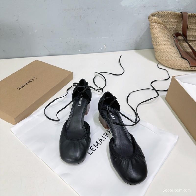 2025 Women LEMAIRE Black Leather Mary Jane Lace-up Shoes