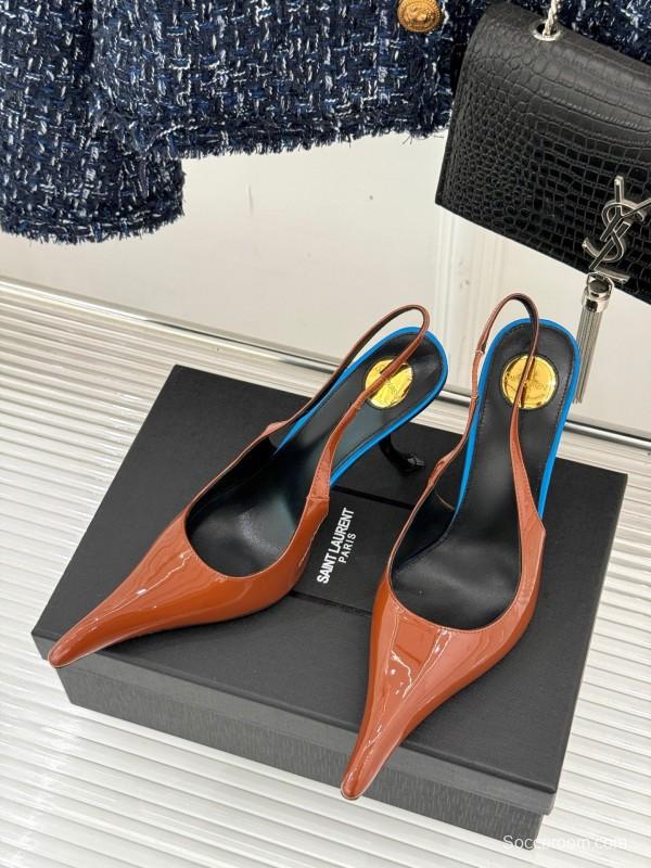 2025 Women Yves Saint Laurent Brown Patent Leather Slingback Heels KFY00290