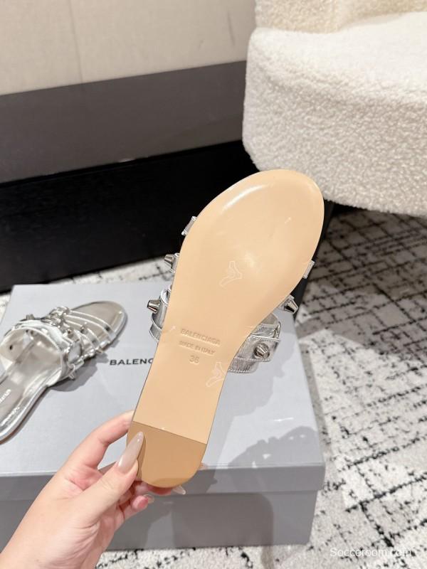2025 Slippers Balenciaga Silver Leather Metal Buckle KFY00289