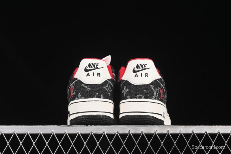 Nike Air Force 1 '07 Low LV Collaboration Black Denim Red Swoosh Casual Sneakers - LW9279-001