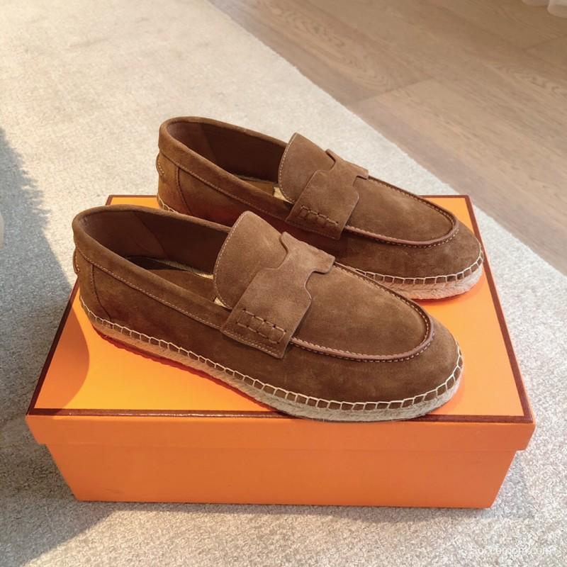 2025 Unisex Hermès Brown Suede Calfskin Loafers AS00380