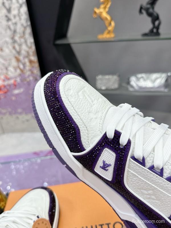 2025 Unisex Louis Vuitton White Purple Leather Denim Plimsolls Handmade Beaded AS00400