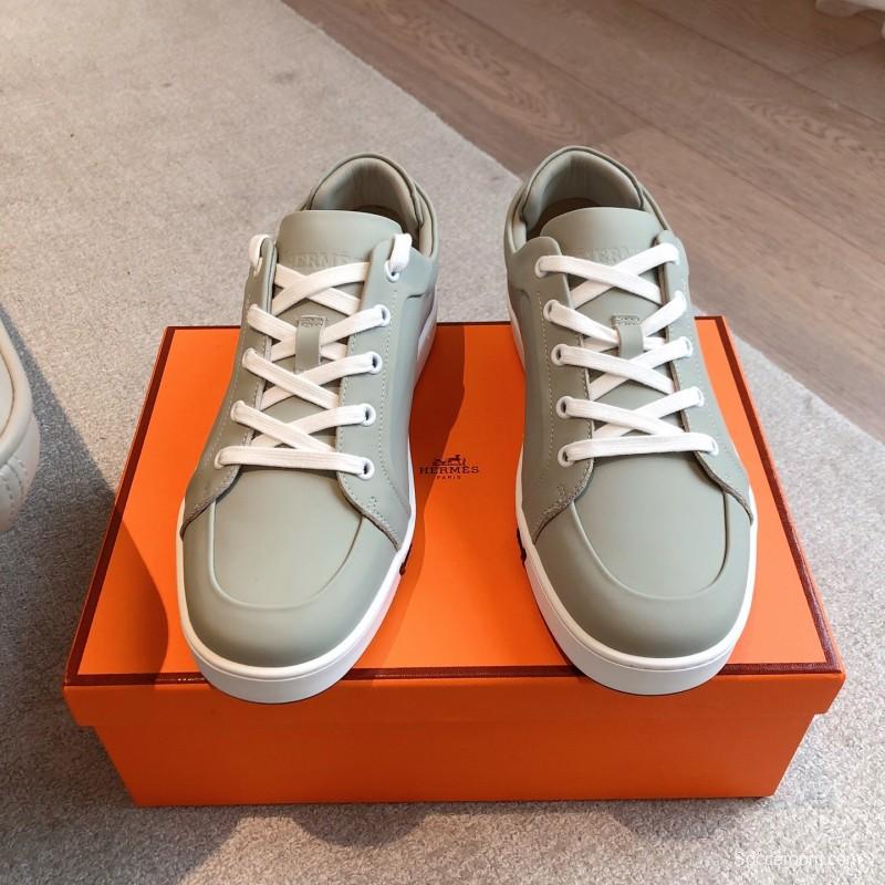 2025 Men Hermès Sage Green Leather Sneakers AS00380