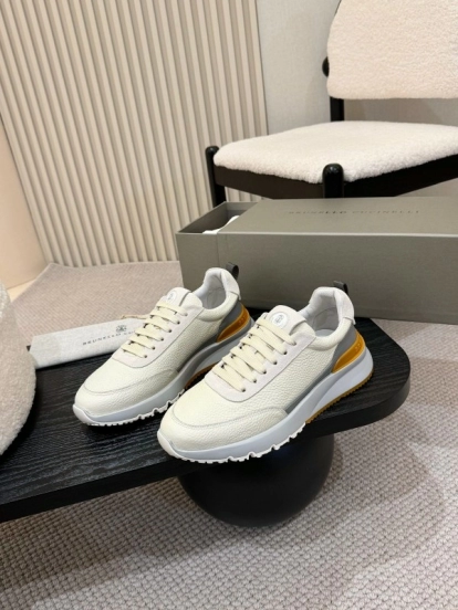 2025 Men Brunello Cucinelli Black Ivory Blue Almond Calfskin Leather Sneakers AS00320