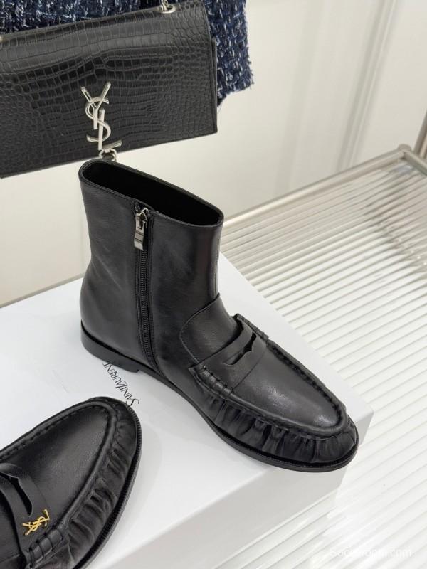 Saint Laurent YSL Letter Loaf Short Boots with Pleated Trim - KFY00430
