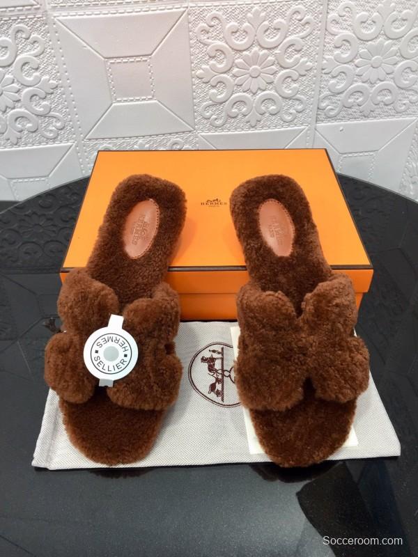 H Teddy Wool H Slippers Flat Sole Winter Fur Slippers - LY00240