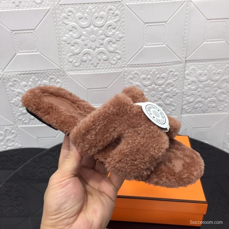 H Eiderdown Teddy Wool H Slippers Flat Sole Winter Home Shoes - LY00240