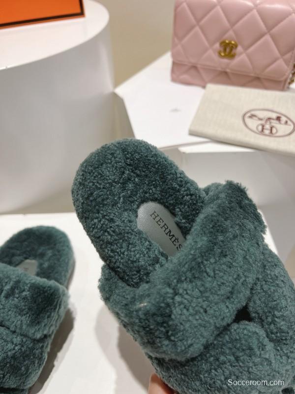H Love Erjiu Full Wool Slippers with Slightly Curled Wool - LY00270