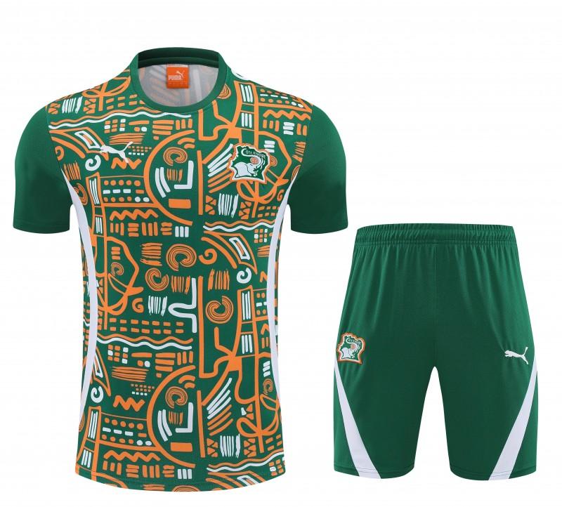 25/26 Côte d'Ivoire Green Tribal Print Short Sleeve Training Suit + Shorts