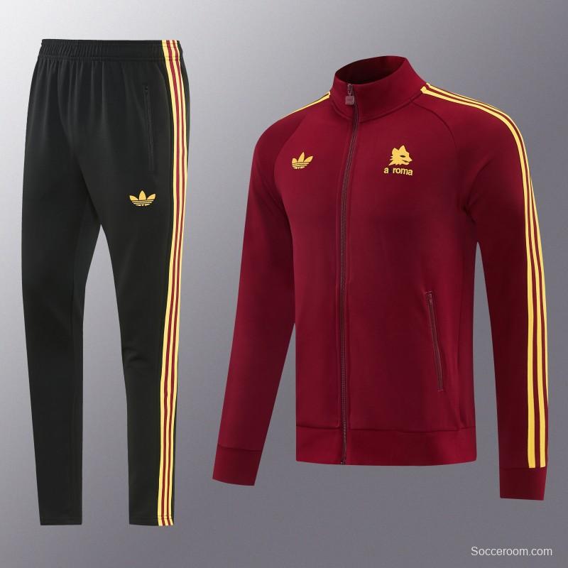 2026/27 AS Roma Burgundy & Gold Full Zipper Jacket Tracksuit +Black  Long Pants