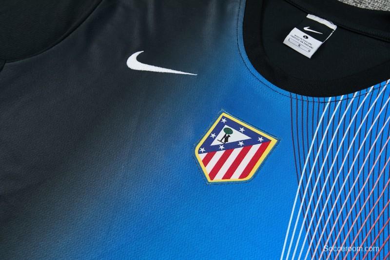 26/27 Atlético de Madrid Black & Blue with Fluid Wave  Print Short Sleeve Tracksuit + Black Long Pants