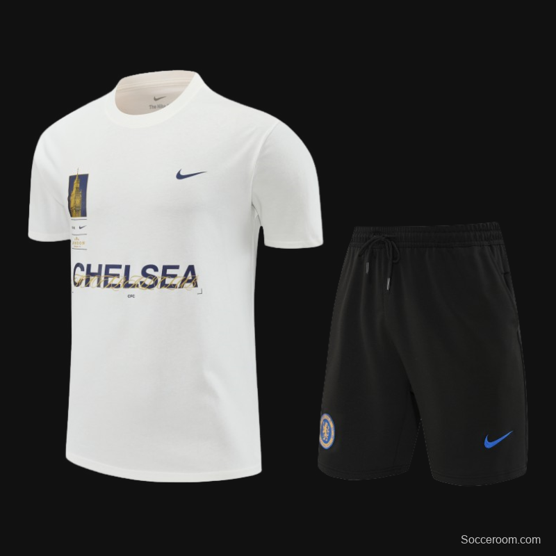 23/24 Chelsea White Cotton Short Sleeve Jersey+Shorts