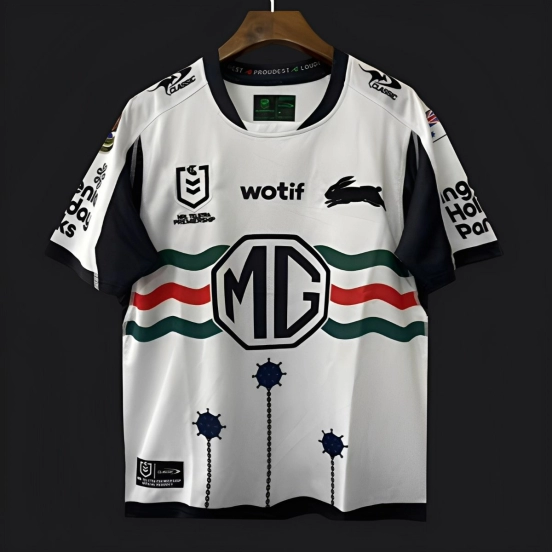25/26 South Sydney Rabbitohs White with Green Red Stripes and Navy Mace Jersey