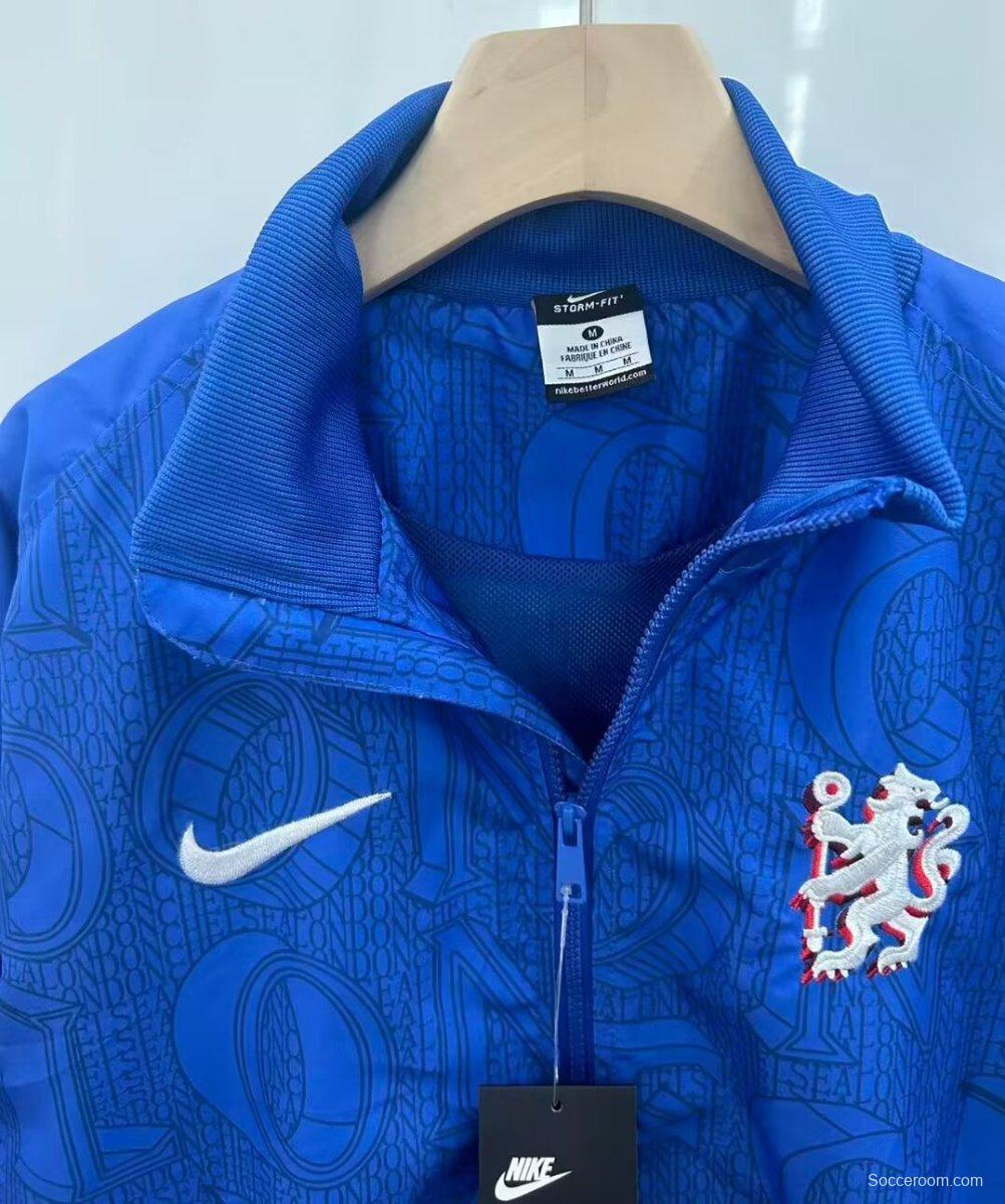 25/26 Chelsea FC Blue with All-Over London Text Pattern Full Zipper Windbreaker