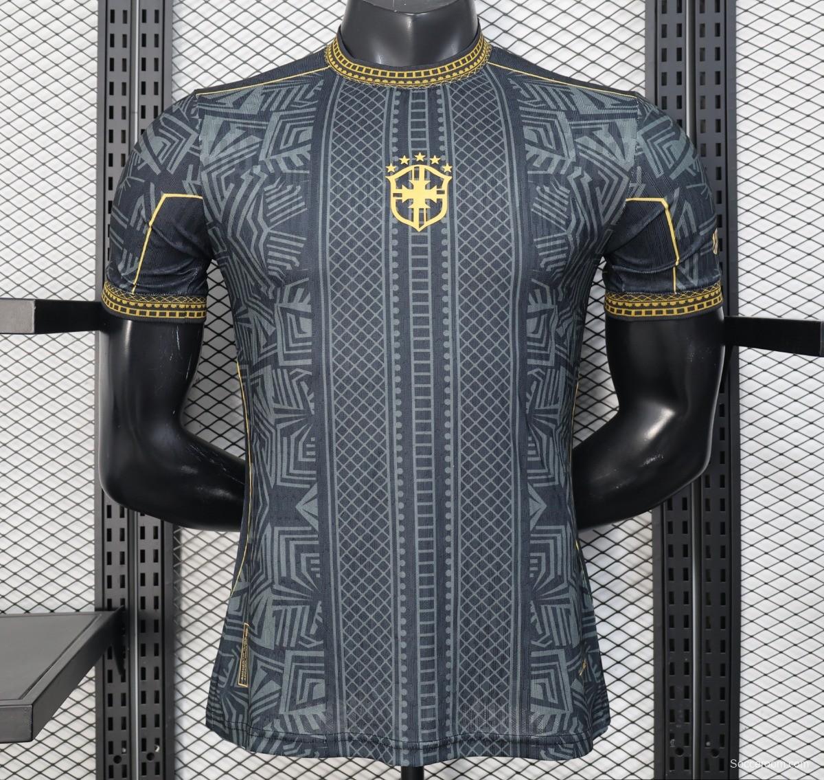2026 Player Version Brazil Black with Gold Geometric Tribal Pattern Jersey